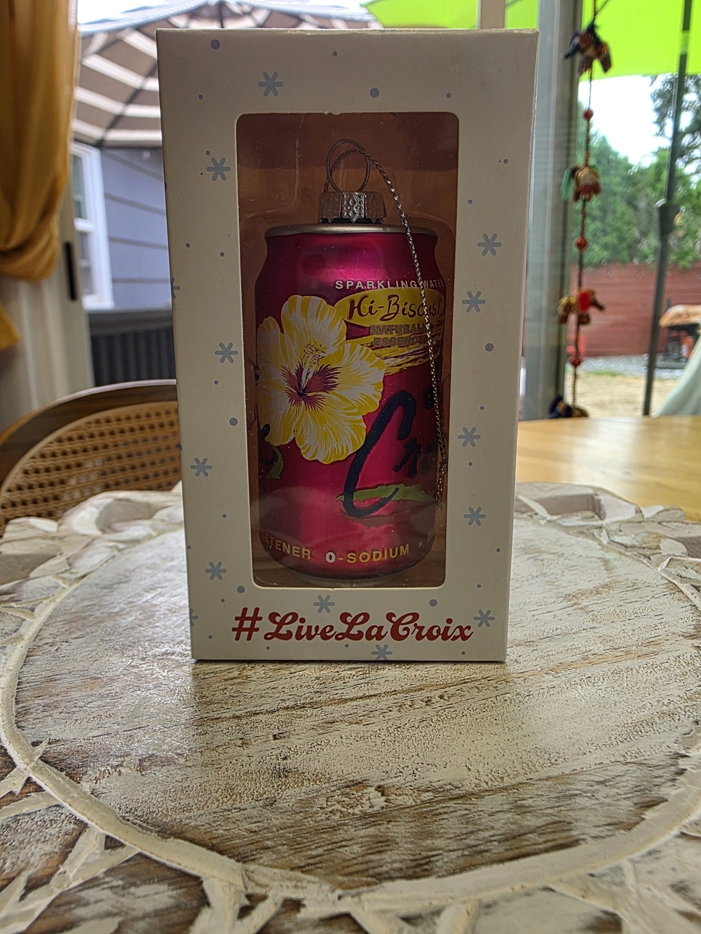 LaCroix Hi-Biscus sparkling water glass ornament
